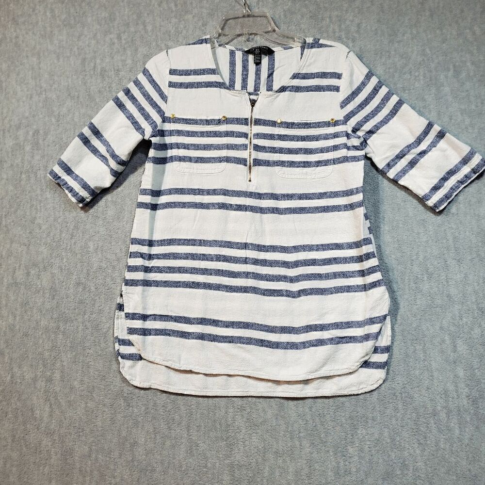 Ellen Tracy Top Womens Medium White Blue Striped Linen Blend Roll Tunic 1/4 Zip